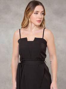 WUUW Tailored Midi Dress With Slit, Long Plain Casual Dress With Straps, Bow Detail, Simple, Zipper, Formal And Evening - màu đen - Xem 7