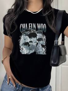 Gráfica Cha Eun Woo Camisa de T con estampado digital de 220 gramos Astro K-Pop Idol 1 unidad de 100% algodón puro Estilo Casual Camiseta para mujer, Diseño coreano y confort en tu vestir diario(199) - Negro - Ver 1