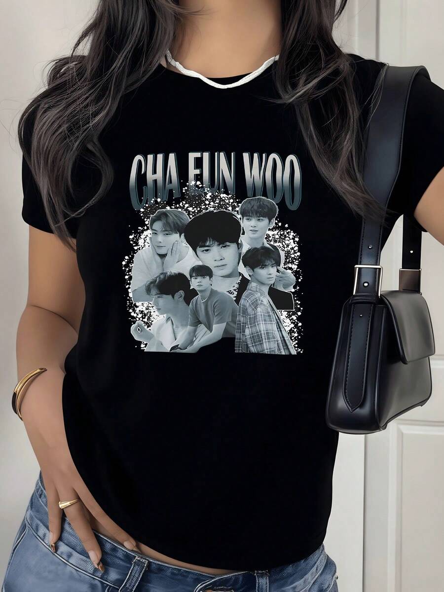 Gráfica Cha Eun Woo Camisa de T con estampado digital de 220 gramos Astro K-Pop Idol 1 unidad de 100% algodón puro Estilo Casual Camiseta para mujer, Diseño coreano y confort en tu vestir diario(199) - Negro - Ver 1