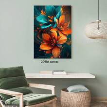 Large Vibrant Orange & Teal Floral Canvas Wall Art With Golden Swirls - Framed Modern Wrapped Canvas Painting Living Room, Bedroom, Dining Room Decor - Indoor Home Decoration, 2D Flat, Room Decor - 彩色 - 查看 9