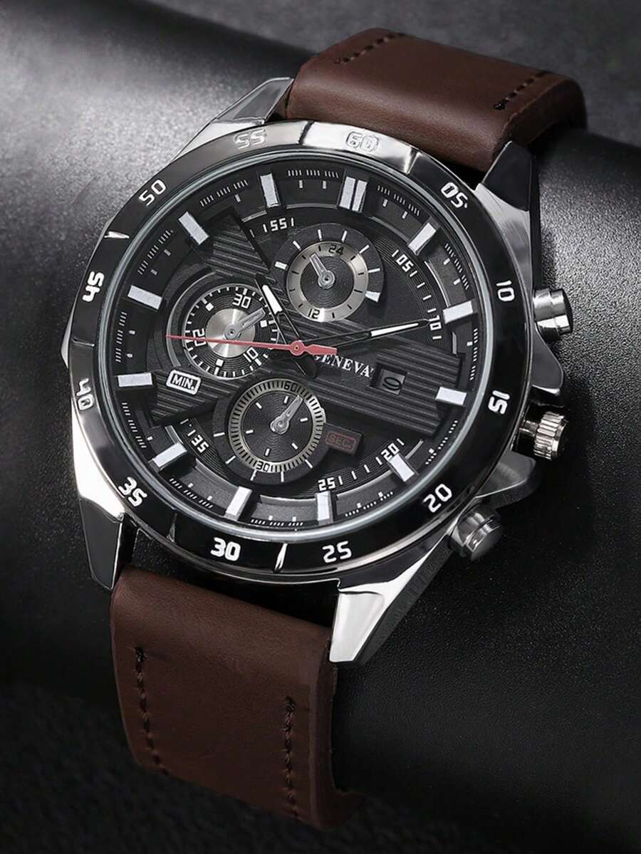 New Fashion Men's Calendar Leather Belt Business Quartz Watch, Outdoor Sports Versatile Casual Minimalist Fake Three-Eye Male Wrist Watch, Holiday Gift