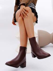 女士短靴，粗跟，高跟，白色细跟踝靴，法式风格 - 酒紅色 - 查看 3