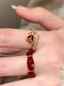 2 piezas Anillos de nudillo de bambú con rosa de esmalte rojo vintage, anillos apilables elegantes y lujosos para mujeres, uso diario de moda