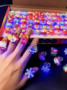 50pcs-Christmas Party Giveaway 50 Christmas Lighting Rings, Glow Rings, Party Supplies, Christmas Glitter Glow Finger Rings, Christmas Party Decoration Home Prop Supplies - Multicolor - View 1