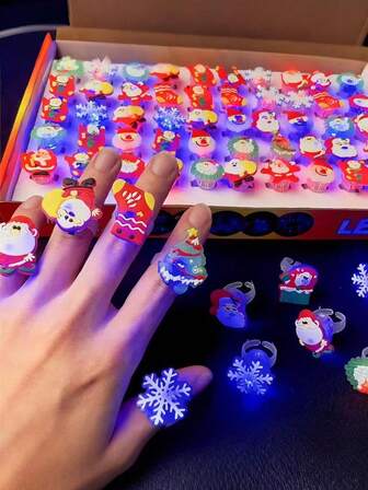 50pcs-Christmas Party Giveaway 50 Christmas Lighting Rings, Glow Rings, Party Supplies, Christmas Glitter Glow Finger Rings, Christmas Party Decoration Home Prop Supplies