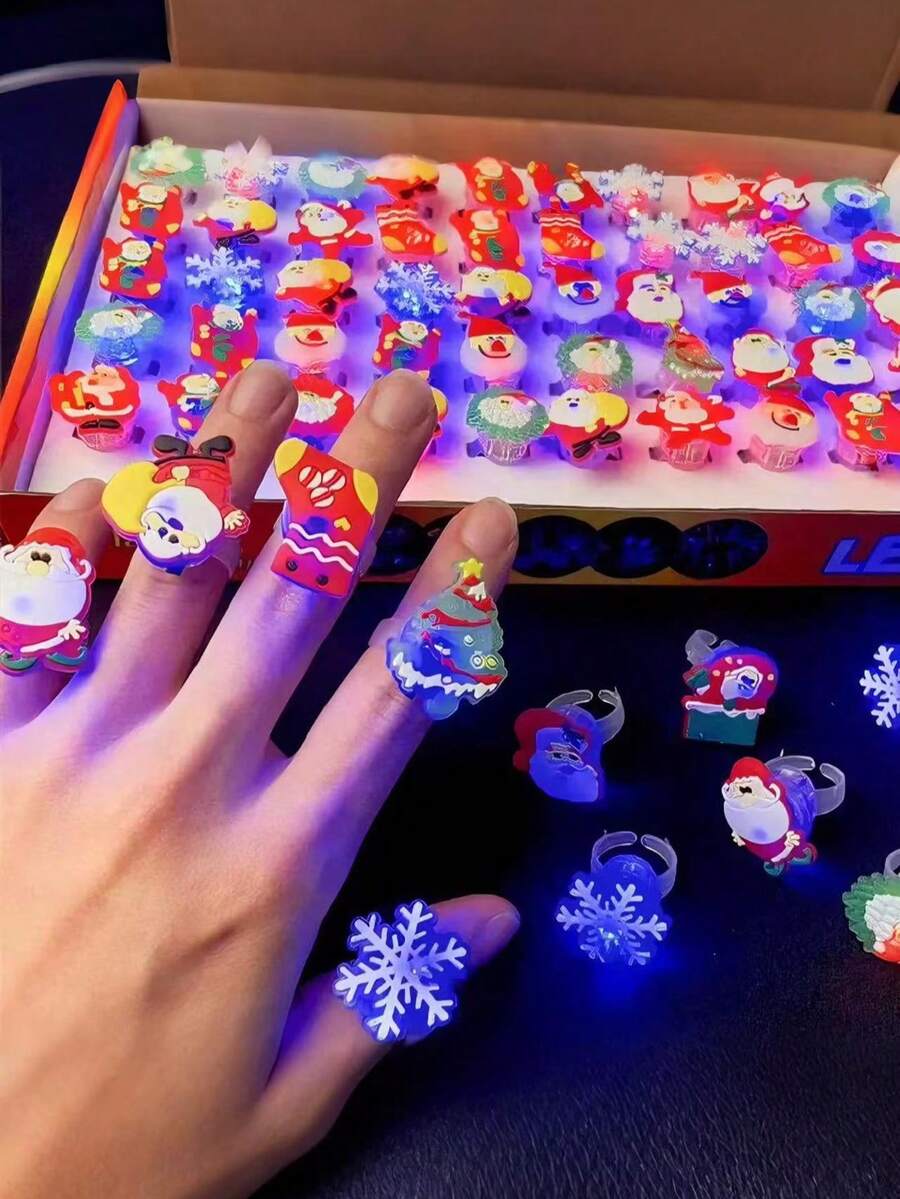 50pcs-Christmas Party Giveaway 50 Christmas Lighting Rings, Glow Rings, Party Supplies, Christmas Glitter Glow Finger Rings, Christmas Party Decoration Home Prop Supplies - Multicolor - View 1