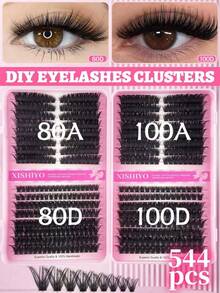 544pcs Cat Eye Individual Cluster False Eyelashes, 10-18mm, Suitable For Left & Right, Can Be Used In Pairs, Thick & Natural, Lightweight & Soft, Ultra-Light, Suitable For DIY Eyelash Extension, Suitable For Beginners, Daily Life, Gift Sets, Travel, Music Festivals, Also An Essential Decoration For Halloween, Christmas And Other Holidays - 彩色 - 查看 2