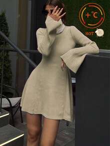 Dresses , Valentine Outfits For Women ,Spring, Tight, A-Line Skirt Hem,Long Flared Sleeves, High-Waisted And High-Neck Sweater Dress, Can Be Worn Inside Or Outside, Elegant Dress,Suitable For Daily Life And Parties,Tops - Apricot - View 5