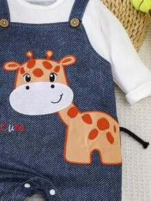 Cartoon Giraffe Embroidered Denim Effect Bib Overalls Long Sleeve Baby Jumpsuit, Spring/Autumn