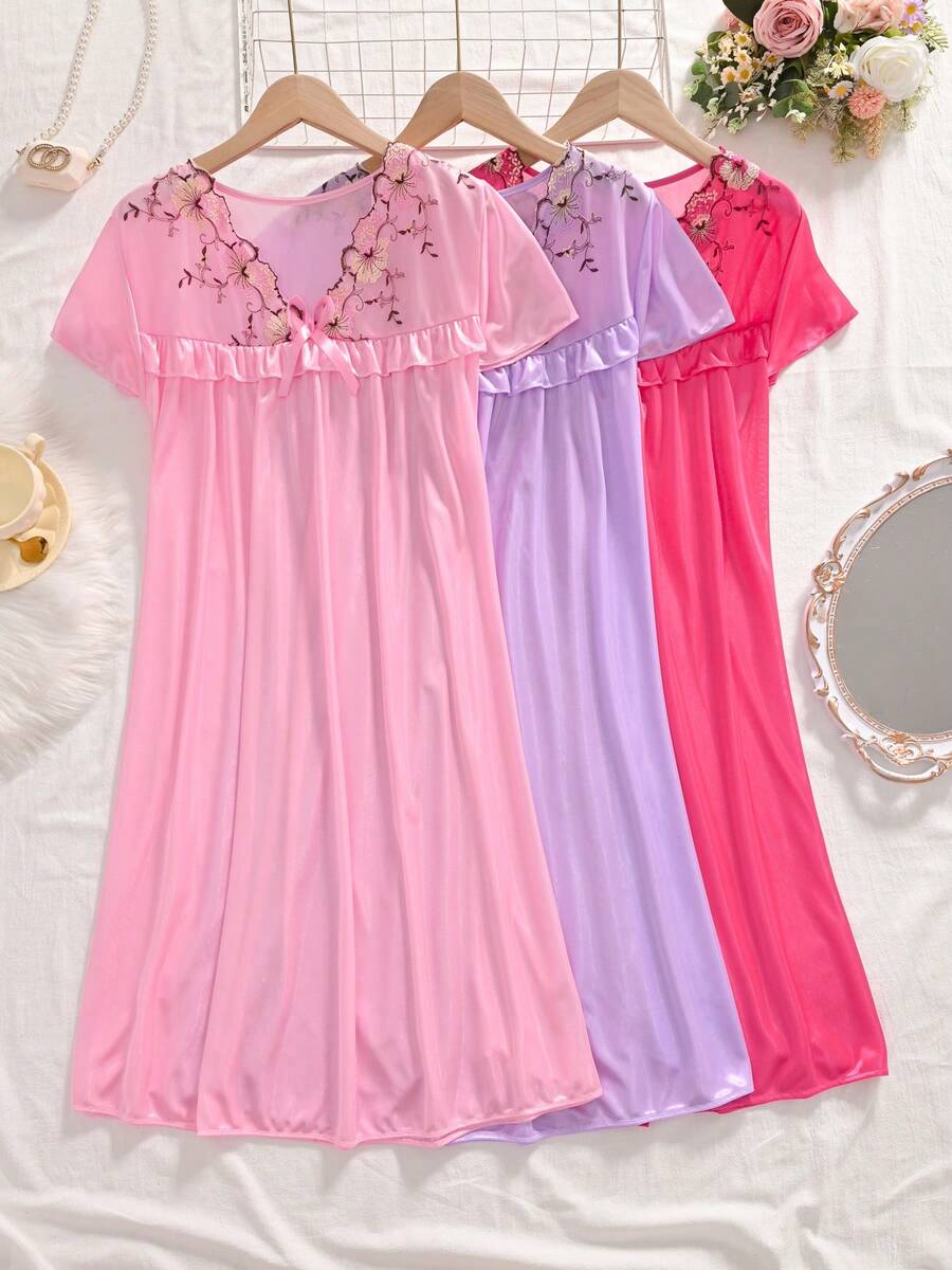 Three-Piece Women's V-Neck Lace Nightgown, Loose Short-Sleeved Ruffled Solid Color Pajamas, Plain Flower Embroidery Contrast Mesh. - 粉紅色+紫色+玫紅色 - 查看 1