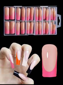 150 lange quadratische französische Nägel - 4 verschiedene Farben und Stile, Druck-Typ französische quadratische 3-in-1 Gel-Falschnägel, 12 Größen geeignet für DIY-Nägel, dauerhafte Falschnägel, geeignet für Frauen und Nagelstudios Nagelbedarf