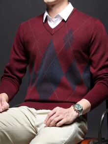 Men's Thick Round Neck Sweater, Business Casual Jacquard Knitted Long Sleeve Top, Suitable For Layering Or Outerwear, Plaid & Striped Pattern, Autumn/Winter - Red - View 9