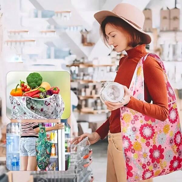 1 pezzo Borsa della spesa pieghevole, multicolore, in poliestere, portatile, alla moda, durevole, con grande capacità, adatta per la spesa al supermercato, i viaggi, la conservazione di verdure/frutta/mobili/giocattoli, borsa da scrivania a forma di rosa, adatta anche per festival/celebrazioni