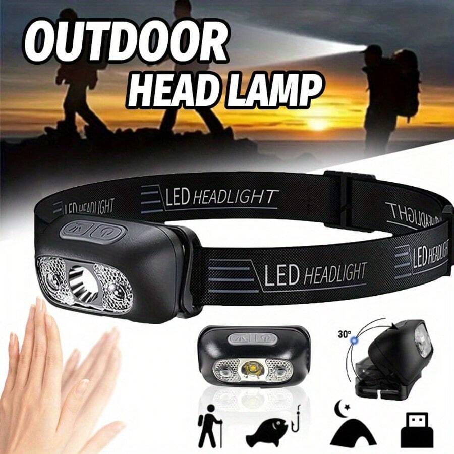 USB Rechargeable LED Headlamp - Portable, Motion Activated Flashlight, Suitable For Hiking, Camping And Emergency Work - Black - View 1