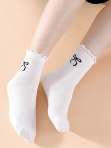 1/3/5/10/15/20 Pairs Women White Ruffle Bow Decor Comfortable Simple JK Style Breathable Mid-Calf Socks - White - View 3