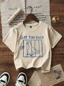 1 Pack Girls Casual Printed Crew Neck Short Sleeve T-Shirt Summer Student Youth Clothing - Màu be - Xem 1