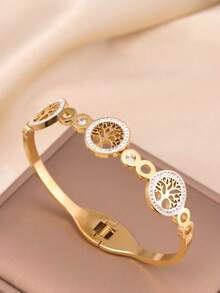 1pc Vintage Rhinestone Inlaid Tree Of Life Stainless Steel Bracelet For Women - Gold - View 5