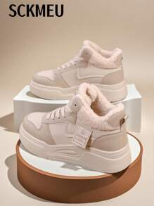 SCKMEU 2024 冬季女式高帮雪地靴，时尚百搭保暖隔热厚底冬鞋
