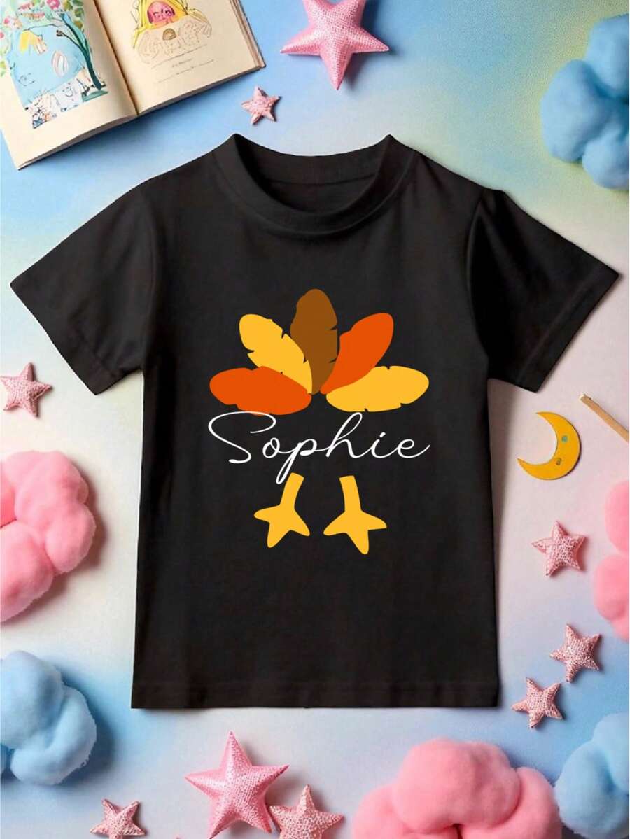 Custom Name Thanksgiving Kids Shirt, Personalized Turkey Kids T-Shirt, Thanksgiving Boys Girls Gift, Thankful Youth Hoodie, Thanksgiving Family Tee, Matching Cousins Fall Toddler Shirt. CU-92 - 黑色 - 查看 1