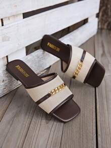 [休闲平底凉鞋] 女士休闲平底凉鞋，带链条扣，露趾，一脚蹬，TPR 鞋底 - 适合海滩 - 米色 - 查看 4