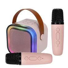 Wireless Portable Handheld Speaker With Led Light Atmosphere Effect, Support/Tf Card/Usb Playback. Comes With Two Wireless Microphones, Suitable For Home Party Karaoke. - Pink - View 4