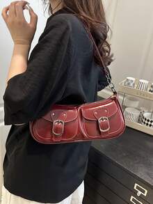 新款时尚双口袋装饰手提包托特包单肩包，适合聚会、郊游、度假、购物和日常使用，可存放硬币、手机，也适合作为白领、大学生和办公室职员的工作包，优雅的女士包 - 紅色 - 查看 4