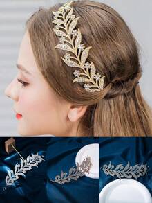 1pc Women Rhinestone Leaf Decor Glamorous Bride Headband For Wedding Party Elegant Tiaras Valentine's Day Accessories - Silver - View 2