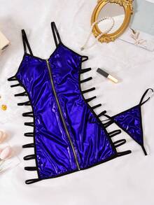 2 件套全新女士睡衣套装，拉链性感内衣镂空吊带睡袍和内裤 - 寶藍色 - 查看 6