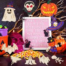 Juego de 20 plantillas de pintura de madera con temática de Halloween, que incluye 12 lápices de colores y 1 hoja de pegatinas perforadas, adecuado para manualidades - Plantillas de pintura DIY, que incluyen diseños como calabazas, fantasmas, esqueletos y pequeños diablos - Adecuado para decoración del hogar, regalos hechos a mano para Halloween y proyectos creativos!