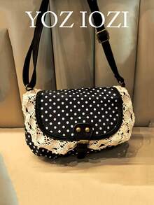 Túi xách chấm bi phong cách Hàn Quốc Back To School màu tương phản, thích hợp cho sinh viên đại học, túi đeo chéo, túi vải bố chấm bi cao cấp, túi đi học cho nữ - màu đen - Xem 5