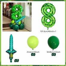 40 Inch Green Pixel Miner Themed Balloon Set, Diamond Sword Aluminum Film Balloon Jungle Game Event, Birthday Party Decoration