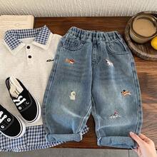 男童牛仔裤，2025年春秋新款韩版，男女通用刺绣水洗柔软休闲长裤，
