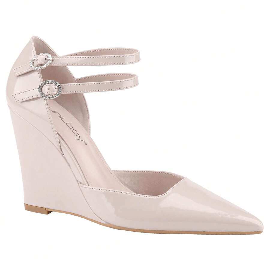 Women's Wedge Pump Heels Pointed Toe Rhinestone Buckle Double Strap High Heel Pumps Dress Shoes - 杏色 - 查看 1