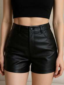 Women's PU Leather Shorts High Waist Button Zipper Side Pockets Elegant / Versatile - Black - View 1