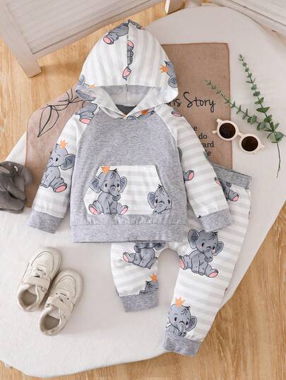 两件套男婴连帽衫套装，可爱大象印花拼色插肩袖运动衫和休闲裤套装