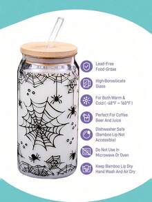 1pc Cute Halloween Glass Cup With Bamboo Lid & Reusable Straw - 500ml Jar Design, Bat, Spider, Ghost & Floral Decor, Suitable For Beer, Juice, Iced Coffee - Halloween Party Decor & Summer Beverage Container, Fun Drinking Glass, Bat Pattern, Durable Glass, Themed Glass Cup, Trick Or Treat
