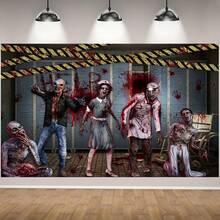 1pc Halloween Party Backdrop Banner - Scary Zombie, Bloody Handprints, Asylum Background - Multipurpose Indoor/Outdoor Decor, Photo Backdrop, Scene Setter, Halloween Party Decoration - Multicolor - View 1