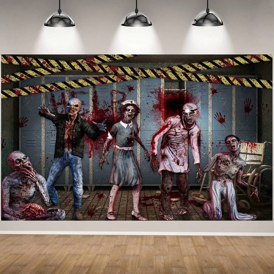 1pc Halloween Party Backdrop Banner - Scary Zombie, Bloody Handprints, Asylum Background - Multipurpose Indoor/Outdoor Decor, Photo Backdrop, Scene Setter, Halloween Party Decoration - Multicolor - View 1