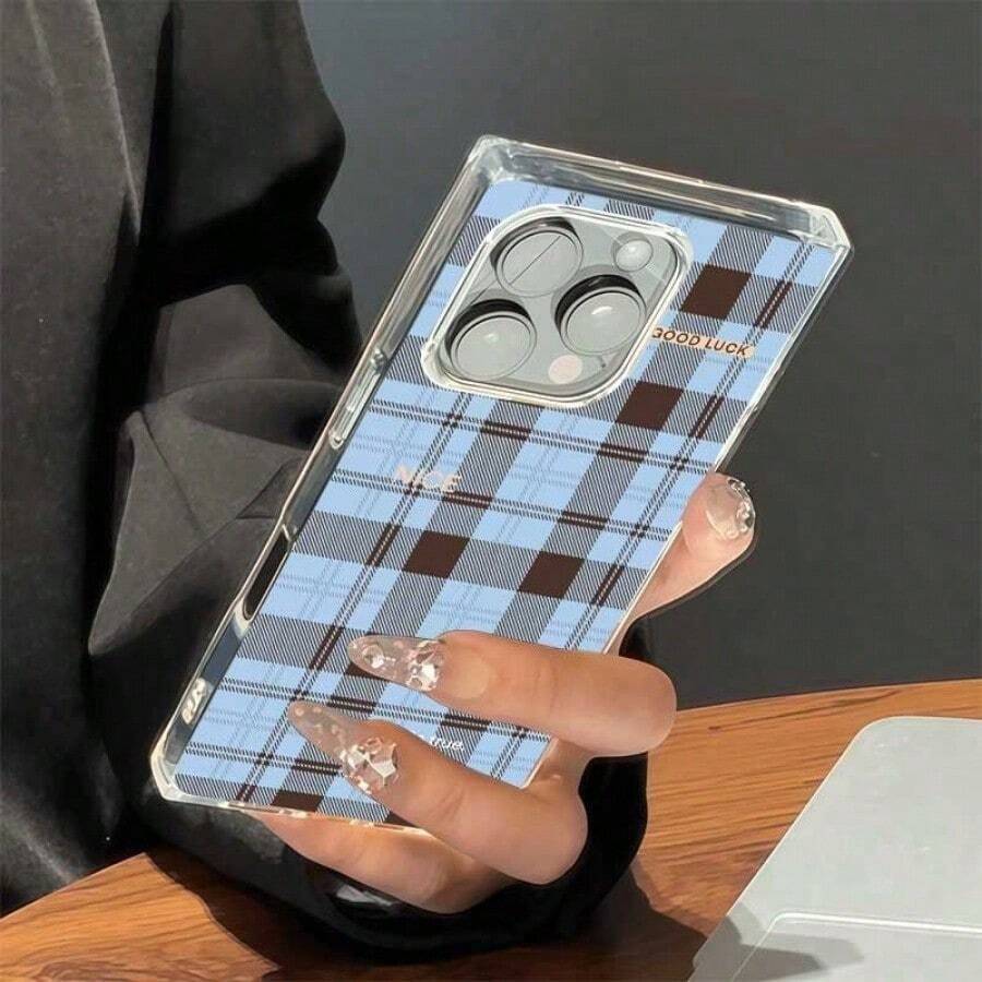 Tartan And Slogan Print Crystal Clear Square Phone Case Compatible With IPhone 16 15 14 13 12 Pro Max Plus Soft TPU Shockproof Cellphone Cover - 無色 - 查看 1