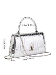 1pc Silver Crocodile Embossed PU Leather Women's Evening Bag, Decorated With Metal Beads, Suitable For Weddings, Parties, Galas And Other Occasions As Handbag/Shoulder Bag/Crossbody Bag - Silver - View 3