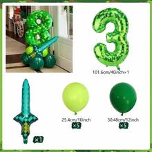 40 Inch Green Pixel Miner Themed Balloon Set, Diamond Sword Aluminum Film Balloon Jungle Game Event, Birthday Party Decoration