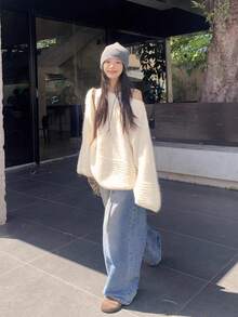 女士露肩长袖套头毛衣，宽松针织上衣，百搭柔软舒适秋季上衣 - 杏色 - 查看 3