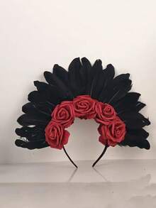 1 件女士优雅哥特式羽毛玫瑰发饰，搭配黑玫瑰 - 天然羽毛发饰，适合万圣节、圣诞节和狂欢派对、舞蹈、摄影和服装 - 彩色 - 查看 8