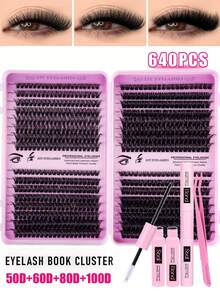 640/608 Stücke Wimpernverlängerungs-Set, DIY Wimpernverlängerungs-Set mit einzelnen Wimpern-Clustern, D-Krümmung, Wimpern-Cluster mit Wimpern-Kleber, Wimpern-Entferner und Versiegelung sowie Wimpern-Applikator-Pinsel für Anwendung zu Hause (10D-20D-30D-40D-50-60D-80D-100D-120D)