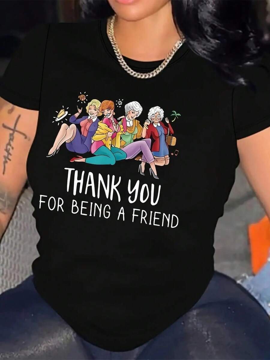 Fashionable Letter Cartoon Print Women'S Round Neck Pure T-Shirt Simple Design Comfortable And Breathable Versatile Essential Suitable For Daily Leisure Showing Natural And Elegant Style Local Deliverygraphic Tees Men Shirts Streetwear White Shirt Black Shirt - 黑色 - 查看 1