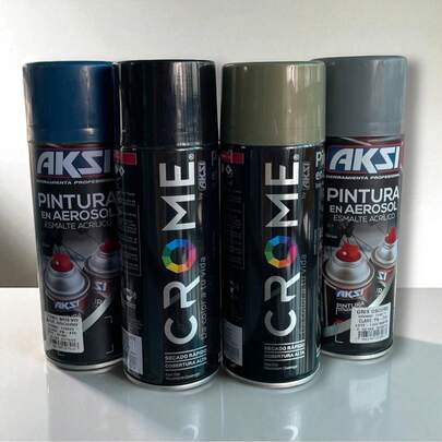 Pintura en aerosol. Esmalte acrílico. Secado rápido alto poder cubriente. Spray. Lata pintura 400 ml. Colores: Blanco, Negro, Azul oscuro, Azul, dorado, Amarillo Fluorescente, Rojo primario.