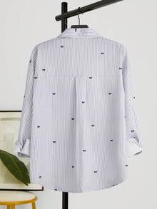 女士条纹领结长袖单排扣休闲口袋衬衫 - 灰色 - 查看 3