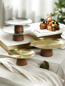 1 khay hình bầu dục bằng thép không gỉ có đế, dùng làm giá đựng bánh, đĩa trưng bày món tráng miệng, đĩa phục vụ hình chữ nhật. - vàng hình bầu dục - Xem 5