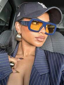 1pc Square Fashion Glasses Retro Personalized Versatile Men's And Women's Fashion Glasses Suitable For Daily Wearing, Street Photography, Vacation, Tourism, Beach Accessories For Summer Beach Vacation, Outdoor, Travel - 藍色 - 查看 1