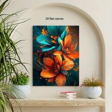 Large Vibrant Orange & Teal Floral Canvas Wall Art With Golden Swirls - Framed Modern Wrapped Canvas Painting Living Room, Bedroom, Dining Room Decor - Indoor Home Decoration, 2D Flat, Room Decor - 彩色 - 查看 8